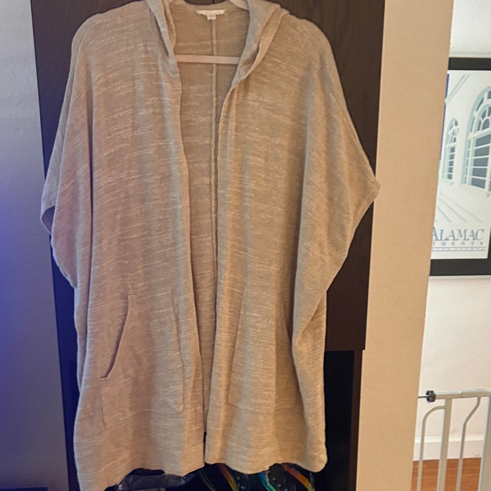 Eileen Fisher Light Beige Hooded Open-Front Poncho Cardigan